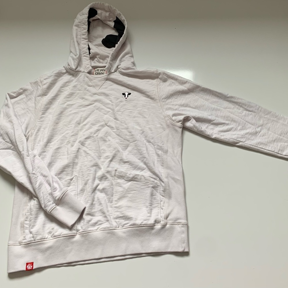 Unisex Chick-Fil-A Cow Print Hoodie Double Pocket Cream Sweatshirt Size‎ Large